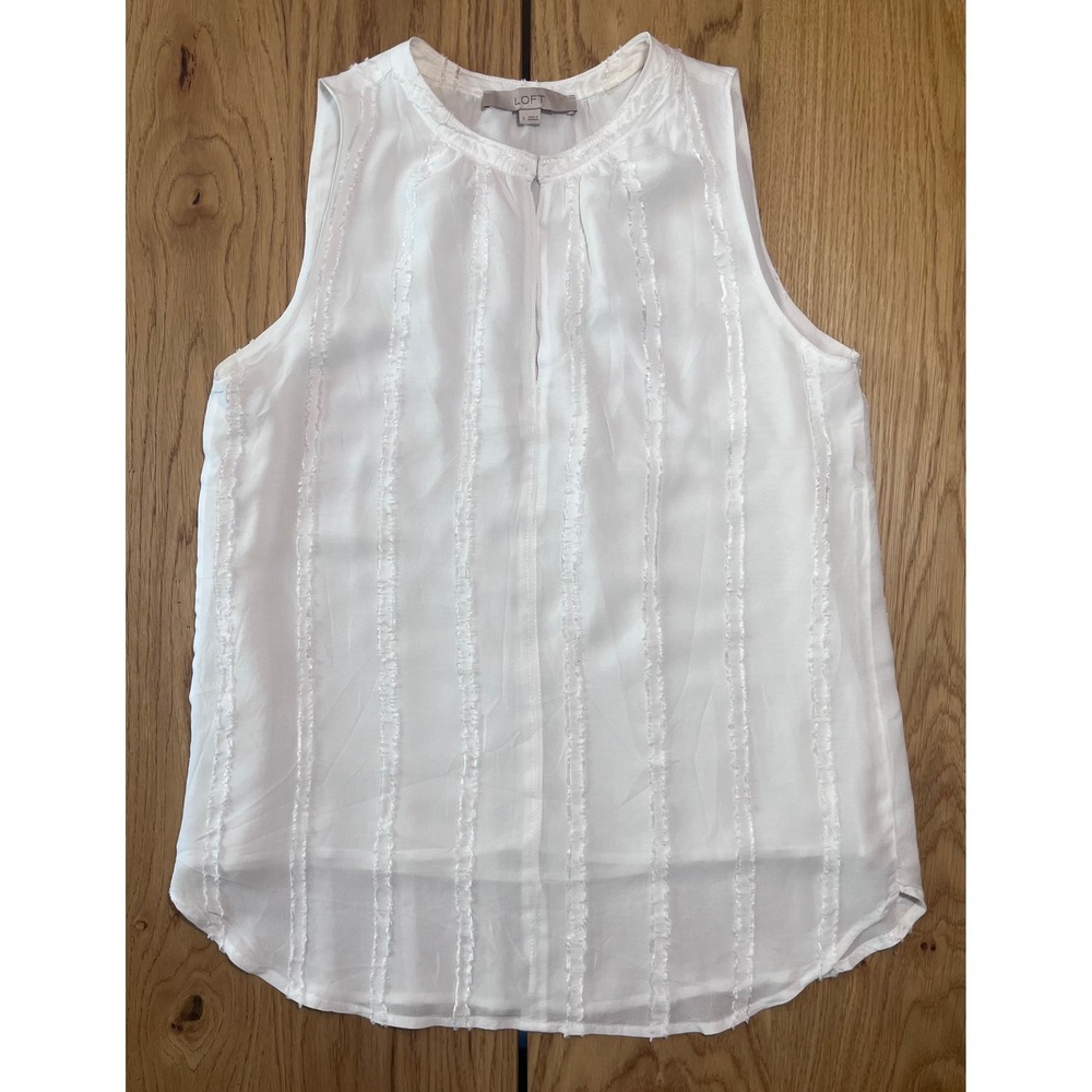 LOFT Sleeveless Frayed Ribbon Blouse Women Small White Boho Career Shell